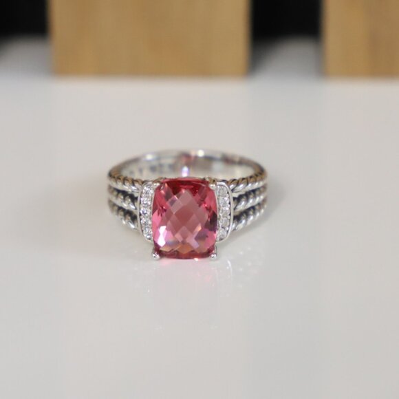 David Yurman Sterling Silver Petite Wheaton Ring Tourmaline & Diamonds size 7.5 - Picture 4 of 7